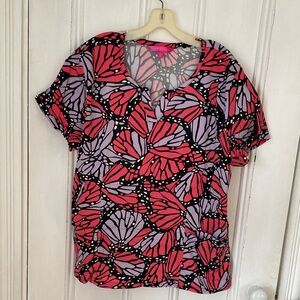 Women’s Butterfly Print V-Neck Top in Pink & Lavender